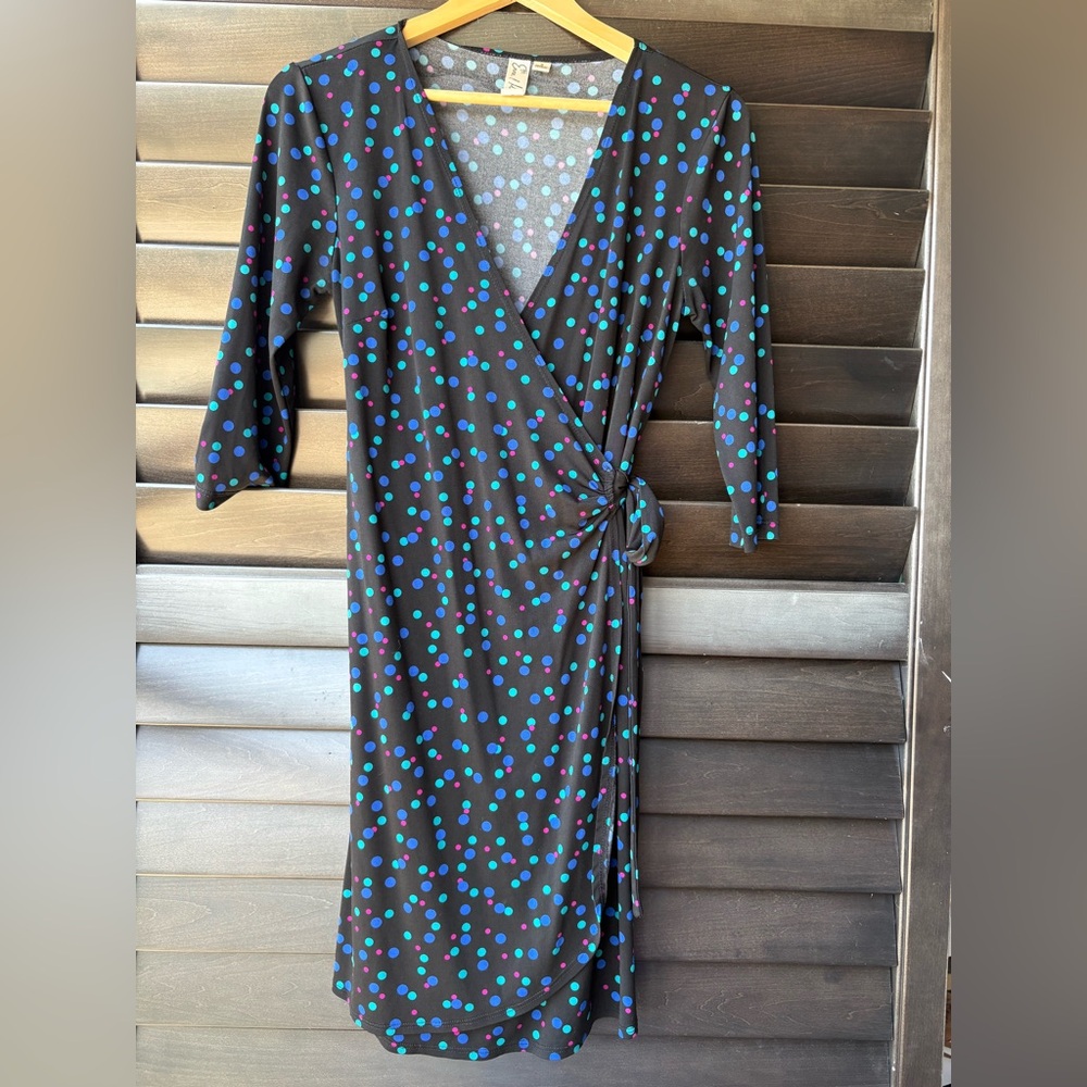 Emma & Michele Dress Black Blue Polka Dots Wrap Dress 3/4 Sleeves Size Small